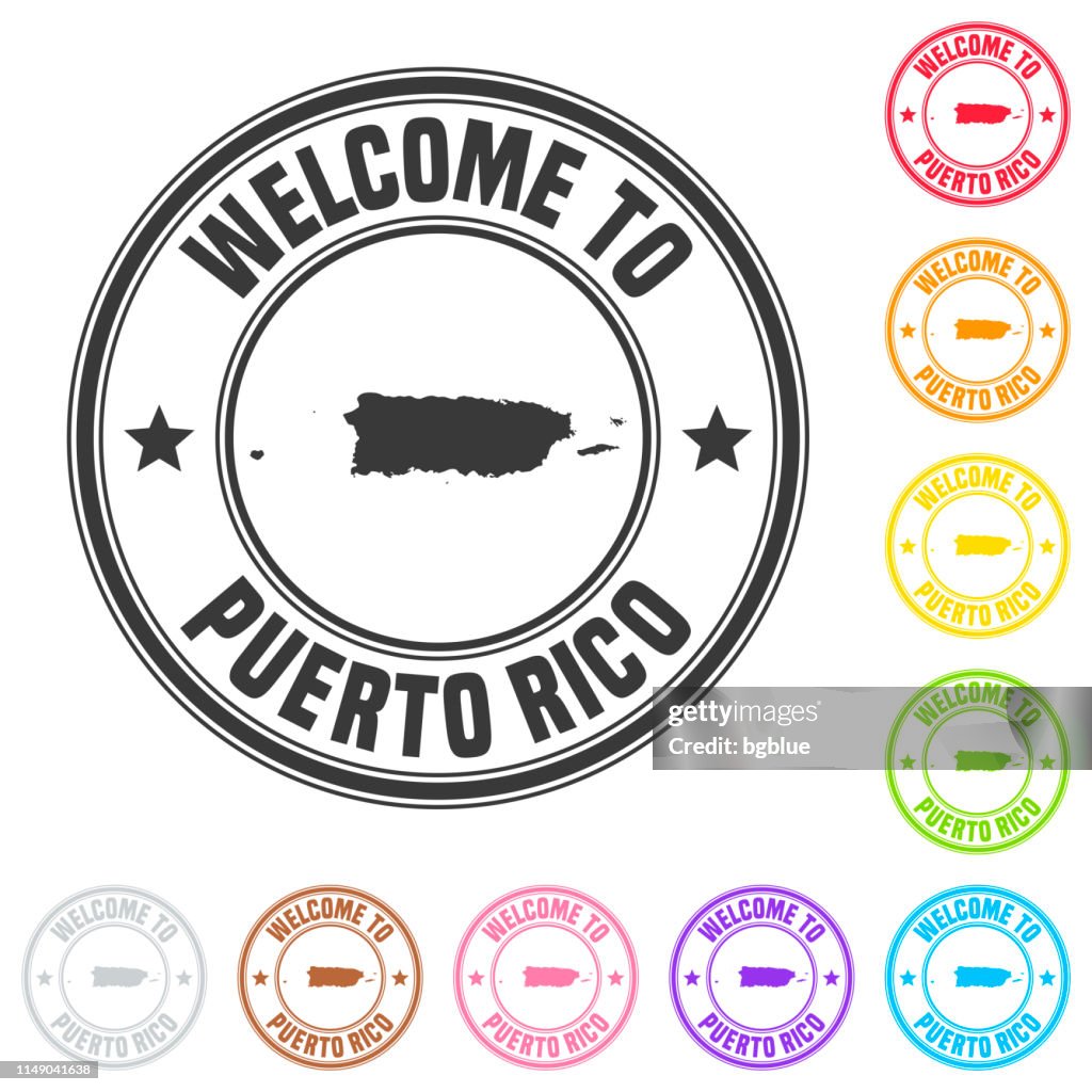 Welcome to Puerto Rico stamp - Colorful badges on white background