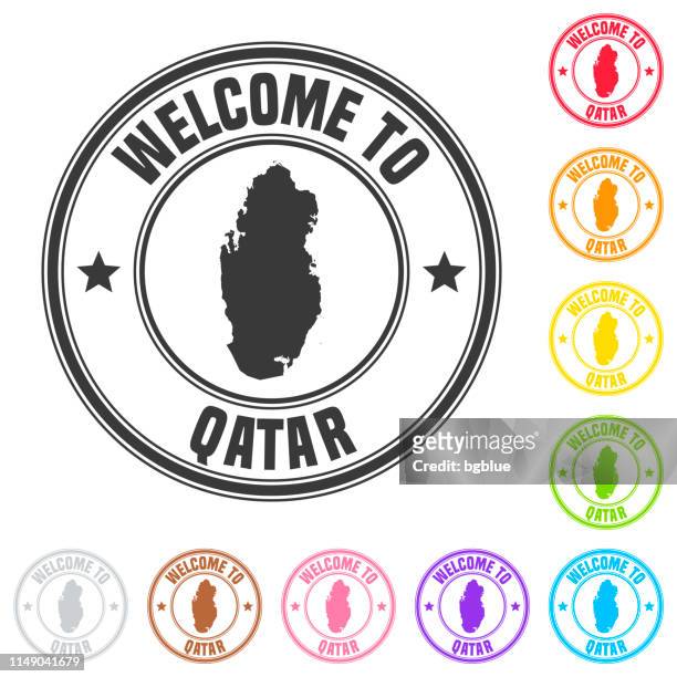 ilustraciones, imágenes clip art, dibujos animados e iconos de stock de bienvenido al sello de qatar-insignias coloridas sobre fondo blanco - qatar