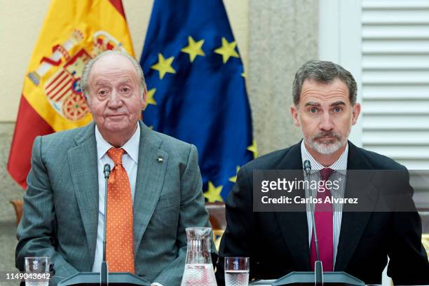 King Felipe VI of Spain and King Juan Carlos attend a meeting with COTEC Foundation at the Royal Palace on May 14, 2019 in Madrid, Spain.
