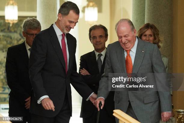 King Felipe VI of Spain and King Juan Carlos attend a meeting with COTEC Foundation at the Royal Palace on May 14, 2019 in Madrid, Spain.