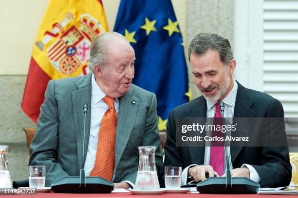 King Felipe VI of Spain and King Juan Carlos attend a meeting with COTEC Foundation at the Royal Palace on May 14, 2019 in Madrid, Spain.