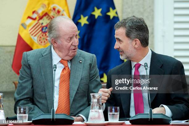 King Felipe VI of Spain and King Juan Carlos attend a meeting with COTEC Foundation at the Royal Palace on May 14, 2019 in Madrid, Spain.