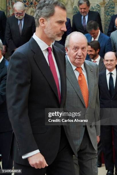 King Felipe VI of Spain and King Juan Carlos attend a meeting with COTEC Foundation at the Royal Palace on May 14, 2019 in Madrid, Spain.