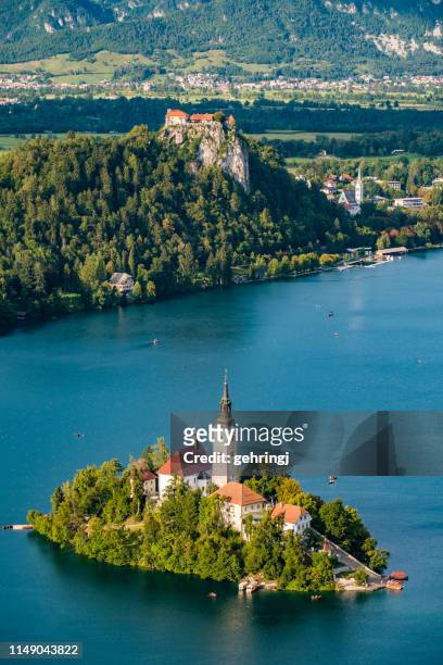 panoramic view of lake bled - lake bled stock pictures, royalty-free photos & images
