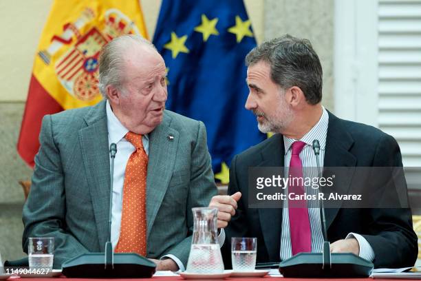 King Felipe VI of Spain and King Juan Carlos attend a meeting with COTEC Foundation at the Royal Palace on May 14, 2019 in Madrid, Spain.