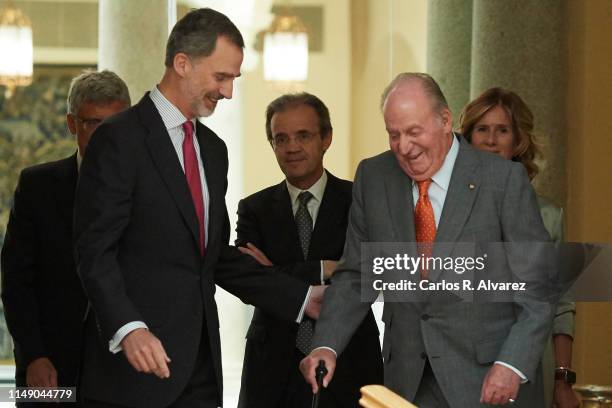 King Felipe VI of Spain and King Juan Carlos attend a meeting with COTEC Foundation at the Royal Palace on May 14, 2019 in Madrid, Spain.