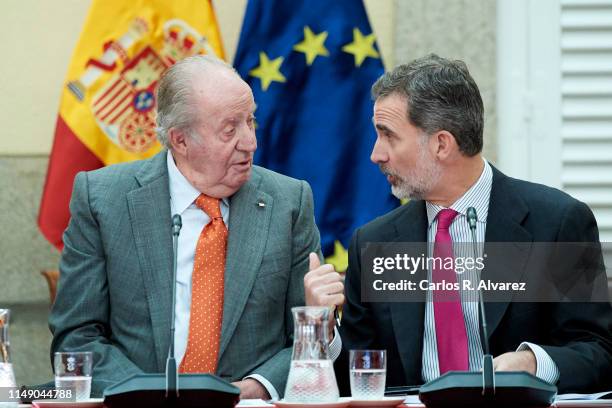 King Felipe VI of Spain and King Juan Carlos attend a meeting with COTEC Foundation at the Royal Palace on May 14, 2019 in Madrid, Spain.