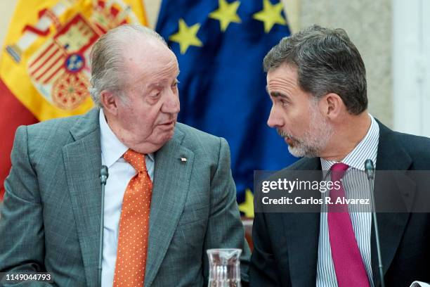 King Felipe VI of Spain and King Juan Carlos attend a meeting with COTEC Foundation at the Royal Palace on May 14, 2019 in Madrid, Spain.