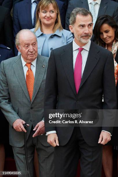 King Felipe VI of Spain and King Juan Carlos attend a meeting with COTEC Foundation at the Royal Palace on May 14, 2019 in Madrid, Spain.