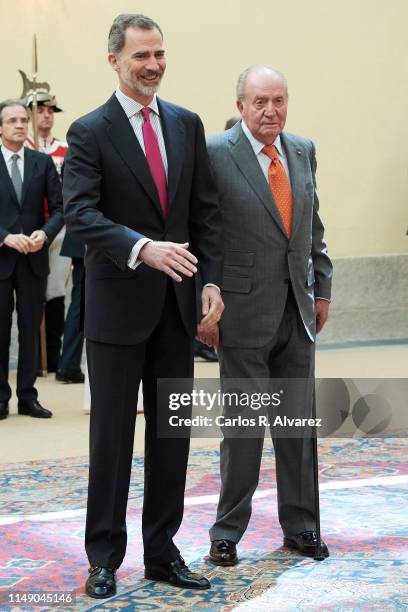 King Felipe VI of Spain and King Juan Carlos attend a meeting with COTEC Foundation at the Royal Palace on May 14, 2019 in Madrid, Spain.