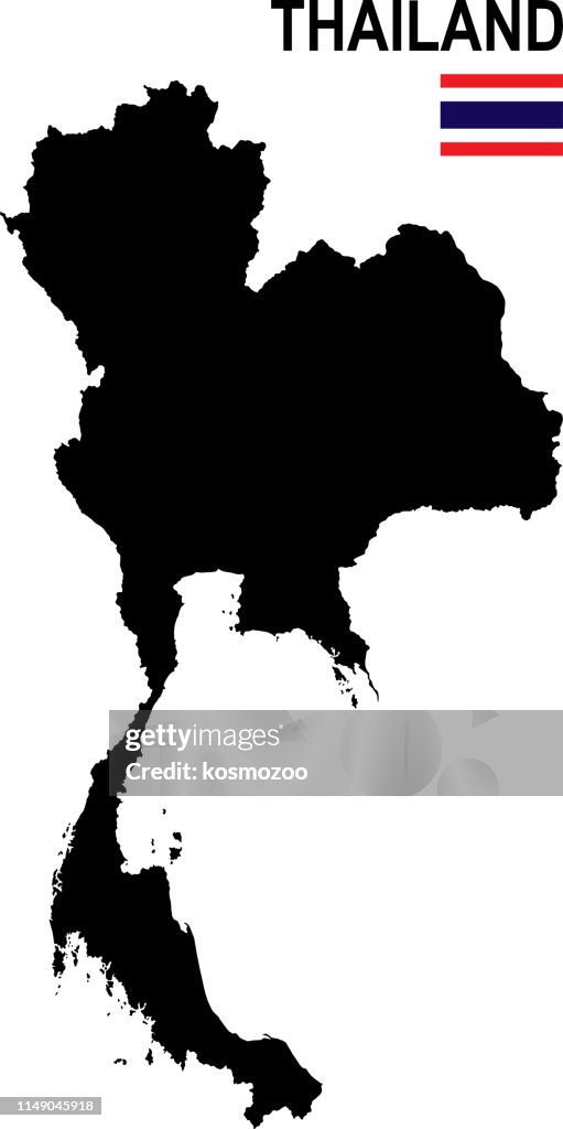 Black basic map of Thailand with flag against white background
