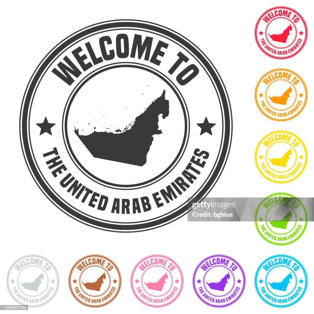 Welcome to The United Arab Emirates stamp - Colorful badges on white background