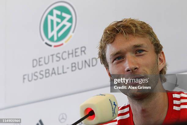 Simon Rolfes of Germany talks to the media during a press conference at the DFB headquarters on May 28, 2011 in Frankfurt am Main, Germany.