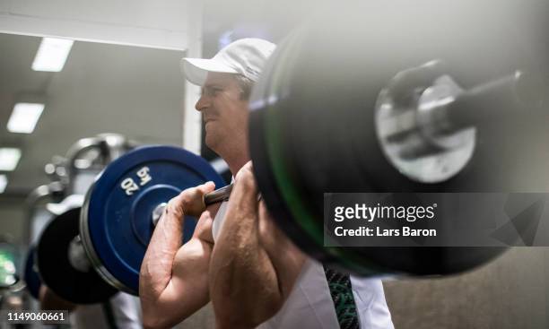 Richard Schmidt lifts weights during a gym training session of the Men's Eight Germany on May 14, 2019 in Dortmund, Germany.