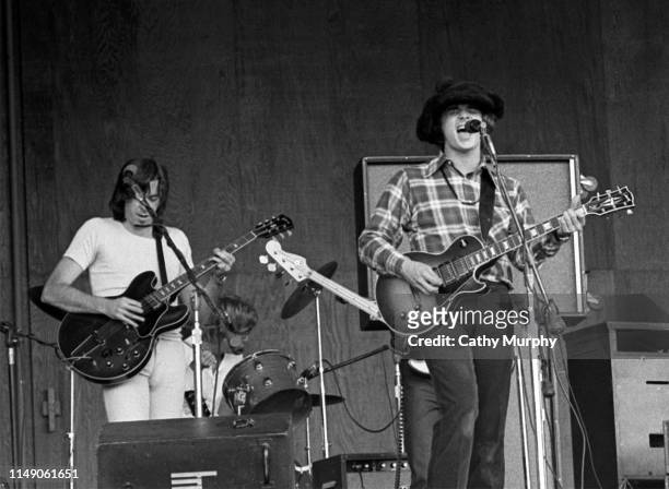 American Rock musician Steve Miller , on guitar, leads his band during a performance, Monterey, California, late 1960s. With him are, from left, Boz...