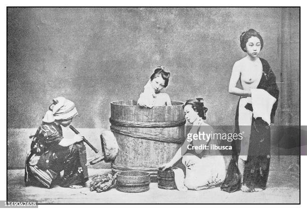 antique photo: japanese bath - bathtub stock illustrations