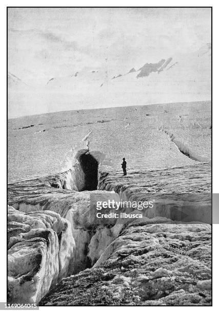 antique photo: crevasses on the glacier du chardon, dauphine - crevasse stock illustrations