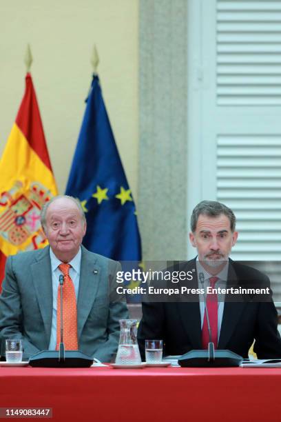 King Juan Carlos and King Felipe of Spain attend a meeting with COTEC Foundation at the Royal Palace on May 14, 2019 in Madrid, Spain.