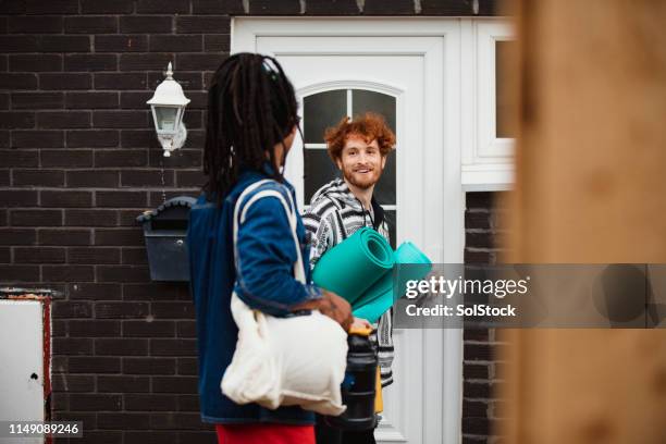 ready to exercise - friends at the door stock pictures, royalty-free photos & images