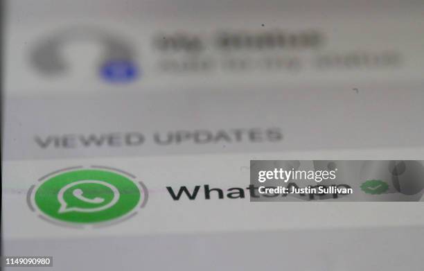 The WhatsApp messaging app is displayed on an Apple iPhone on May 14, 2019 in San Anselmo, California. Facebook owned messaging app WhatsApp...
