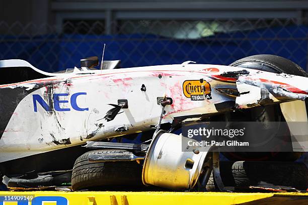 The wrecked car of Sergio Perez of Mexico and Sauber F1 is seen following his crash during qualifying for the Monaco Formula One Grand Prix at the...