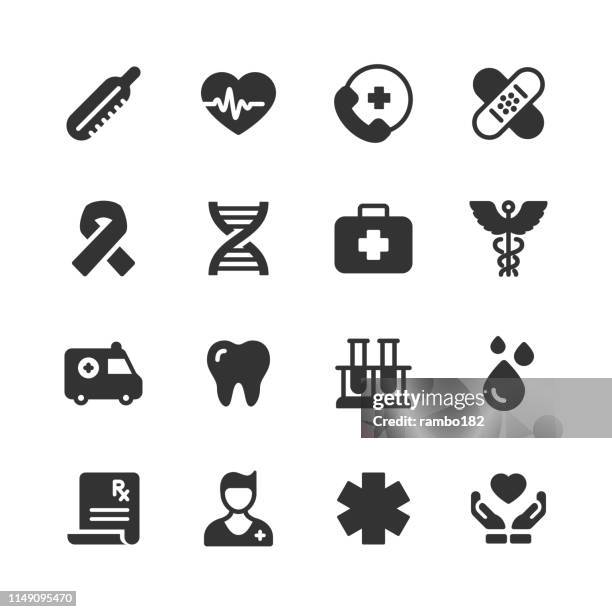 ilustraciones, imágenes clip art, dibujos animados e iconos de stock de iconos sanitarios y de glifos médicos. pixel perfect. para móvil y web. contiene iconos como latido del corazón, ambulancia, doctor, sangre. - biotecnología