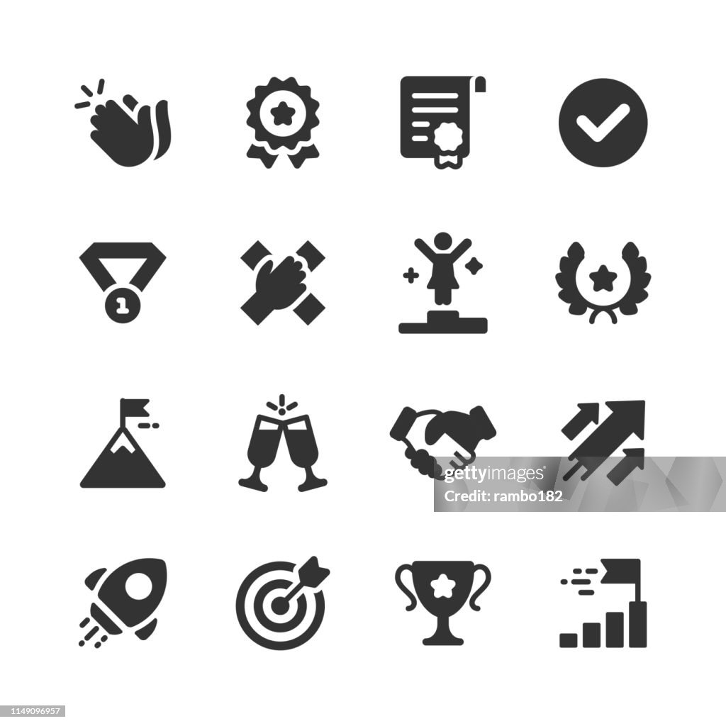 Erfolg und Auszeichnungen Glyph Icons. Pixel Perfect. Für Mobile und Web. Enthält solche Ikonen wie Applause, Medal, Badge, Winning, Rocket, Trophy.