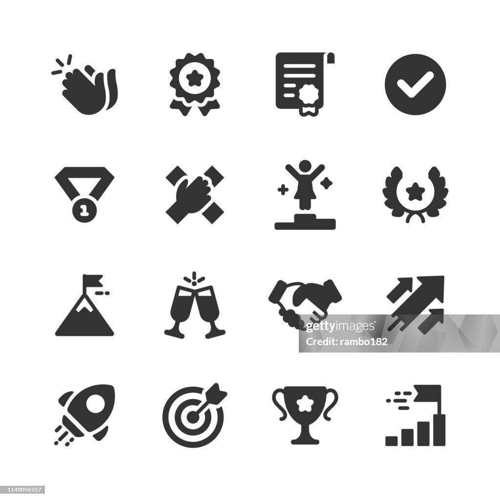 Success and Awards Glyph Icons. Pixel Perfect. For Mobile and Web. Contains such icons as Applause, Medal, Badge, Winning, Rocket, Trophy.