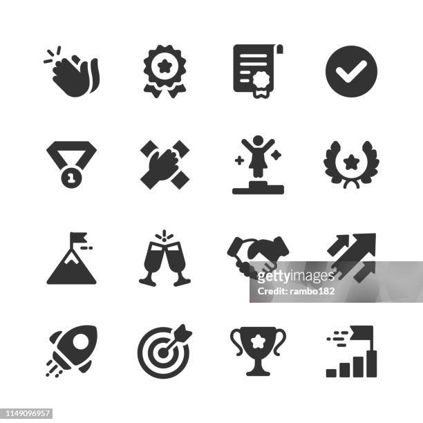 success and awards glyph icons. pixel perfect. for mobile and web. contains such icons as applause, medal, badge, winning, rocket, trophy. - winners podium stock illustrations