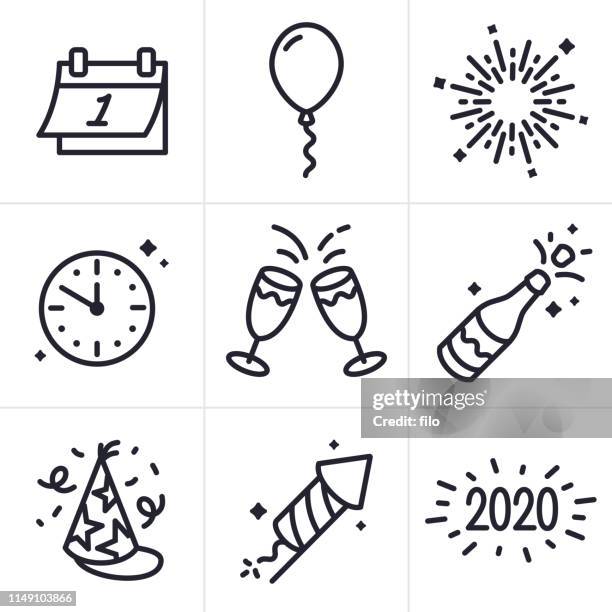 ilustraciones, imágenes clip art, dibujos animados e iconos de stock de los iconos y símbolos de la línea de celebración de años nuevos - día de fin de año