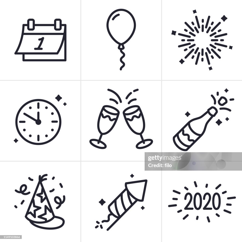 New Years Celebration Line Icons and Symbols