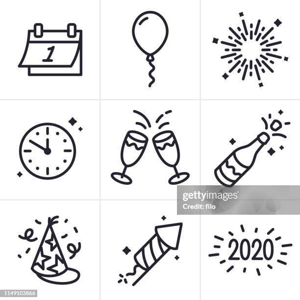 new years celebration line icons and symbols - blowing up balloon stock illustrations