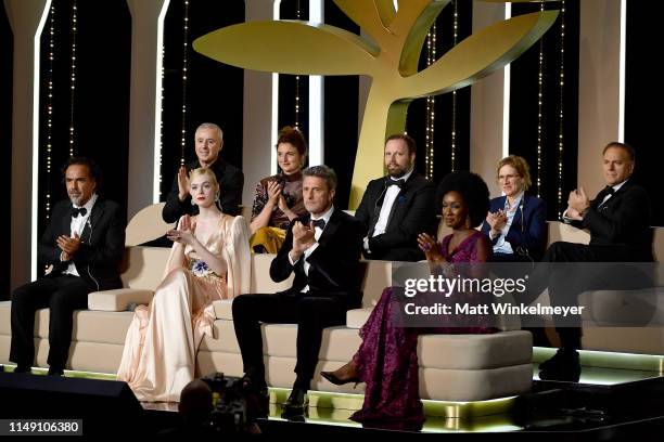 President of the Main competition jury Alejandro Gonzalez Inarritu, Jury Members Elle Fanning, wearing Chopard jewels, Pawel Pawlikowski and Maimouna...