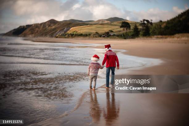 two boys wearing santa hats walking on a beach with mountains - new zealand travel stock pictures, royalty-free photos & images