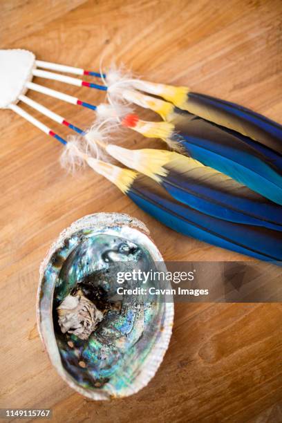 blue feathers and burnt sage await the cacao ceremony before wedding - abalone ストックフォトと画像