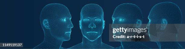 three dimensional heads. set. ware mesh from 3d app. - low poly modelling person stock illustrations