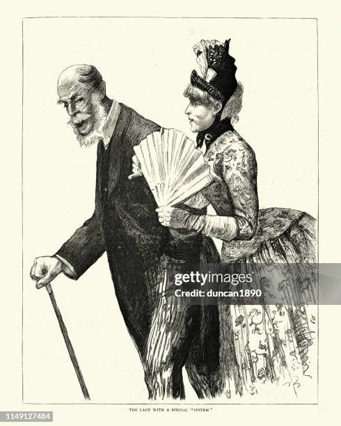 young victorian woman with rich old man, monte carlo, 1880s - age contrast stock illustrations