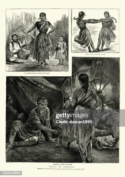 indian nautch dancers in victorian london, 19th century - bharatanatyam dancing stock illustrations