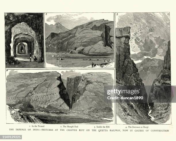 chappar rift on the quetta railway, 19th century - quetta stock illustrations