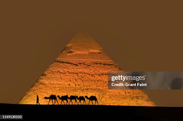camel train near pyramids. - piramidevorm stockfoto's en -beelden