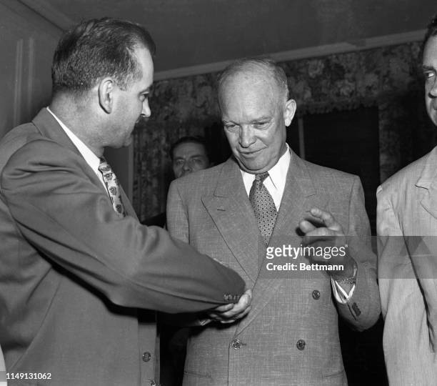 Senator Joseph McCarthy congratulates Dwight Eisenhower after his nomination at the Republican Convention.