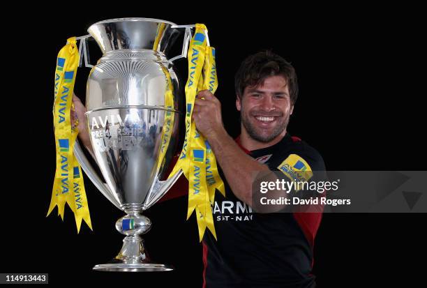 Schalk Brits of Saracens poses with the trophy after victory in the AVIVA Premiership Final between Leicester Tigers and Saracens at Twickenham...