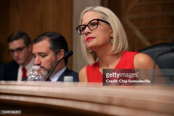 Senate Aviation and Space Subcommittee ranking member Sen. Kyrsten Sinema questions witnesses during a hearing in the Dirksen Senate Office Building...