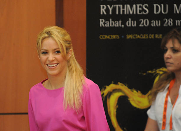 Colombian singer, songwriter, musician, record producer, dancer, and philanthropist Shakira arrives to give a press conference in Rabbat on May 28,...