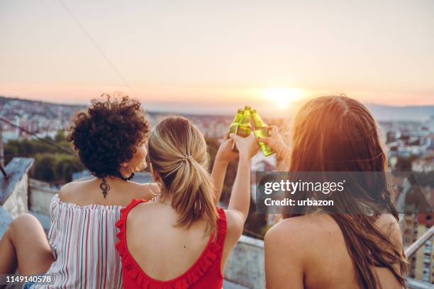 on the rooftop - beer bottle cheers stock pictures, royalty-free photos & images