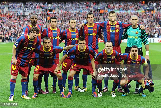 The Barcelona team pose for photographs prior to the UEFA Champions League final between FC Barcelona and Manchester United FC at Wembley Stadium on...