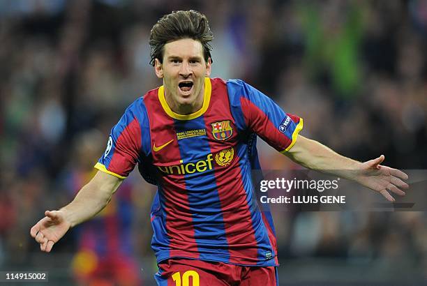 Barcelona's Argentinian forward Lionel Messi celebrates after scoring a goal during the UEFA Champions League final football match FC Barcelona vs....