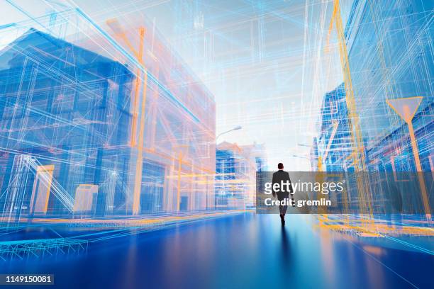 lone businessman walking in virtual reality street display - virtual reality perspektive stock pictures, royalty-free photos & images