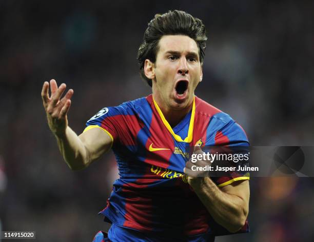 Lionel Messi of FC Barcelona celebrates scoring his teams second goal during the UEFA Champions League final between FC Barcelona and Manchester...