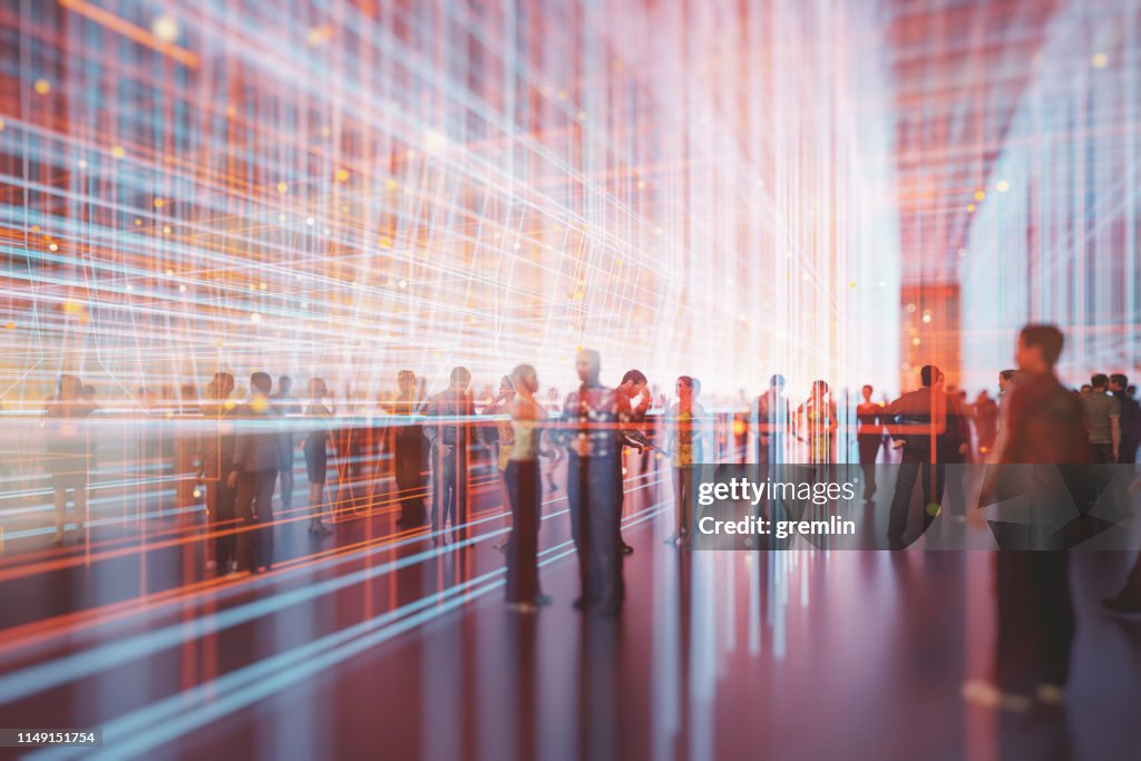Abstracte menigte van mensen met Virtual Reality Street display